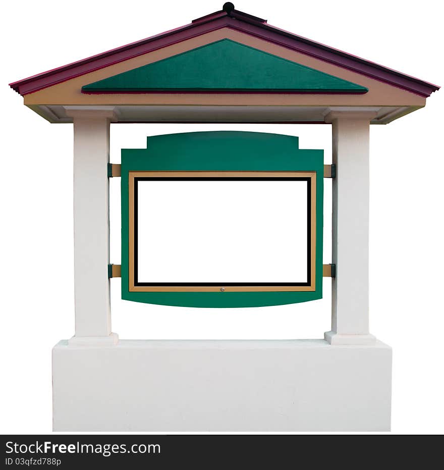 This house-like structure holds a blank space for your message or sign isolated on a white background. This house-like structure holds a blank space for your message or sign isolated on a white background.