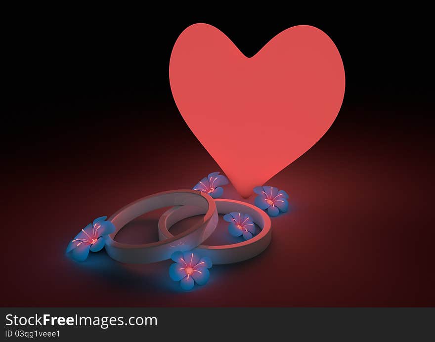 Render of some flower, wedding rings and a heart symbol. Render of some flower, wedding rings and a heart symbol