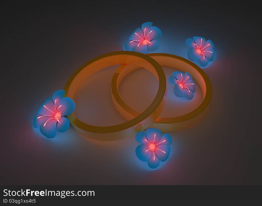 Render of some vibrant blue flowers and wedding rings