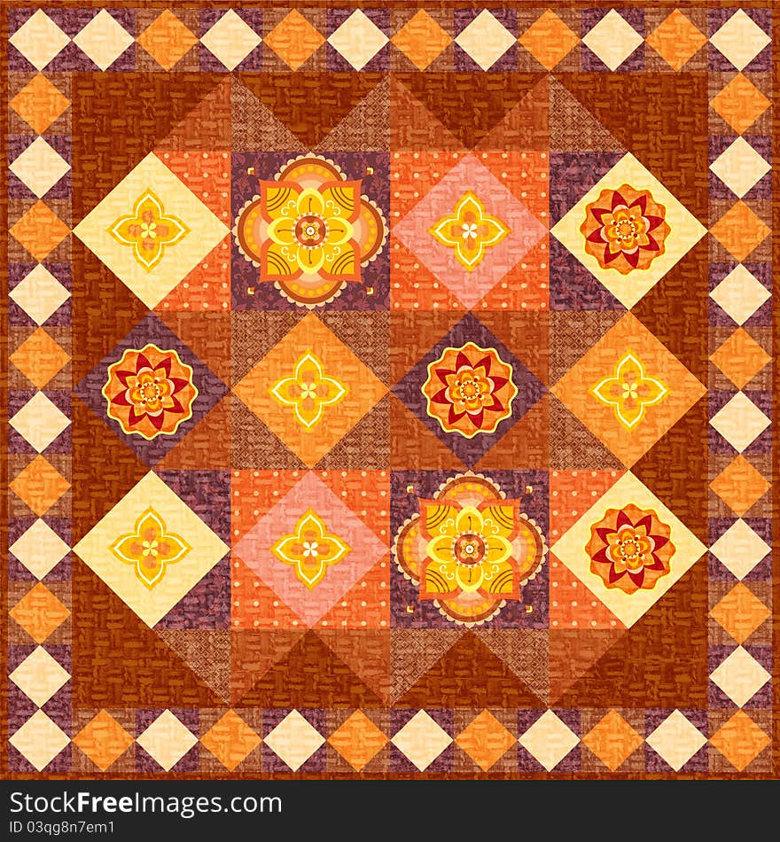 Brown patchwork quilt ornament flowers folk style