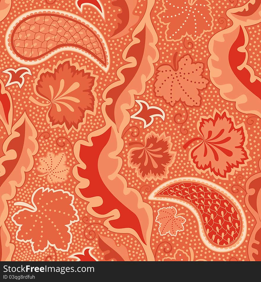 Bright red seamless floral texture leaves and paisley. Bright red seamless floral texture leaves and paisley