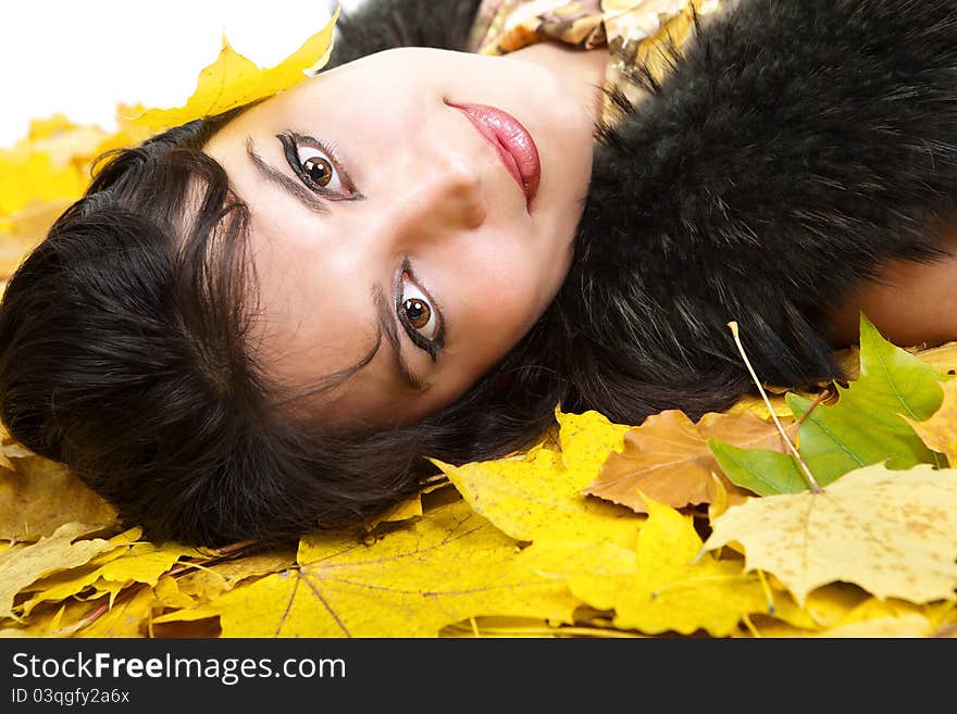 Portrait woman in fur collar. Portrait woman in fur collar.