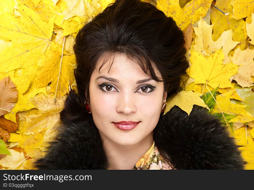 Portrait woman in fur collar. Portrait woman in fur collar.