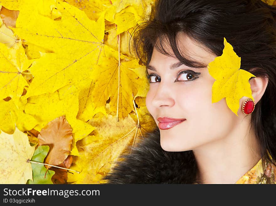 Portrait woman in fur collar. Portrait woman in fur collar.