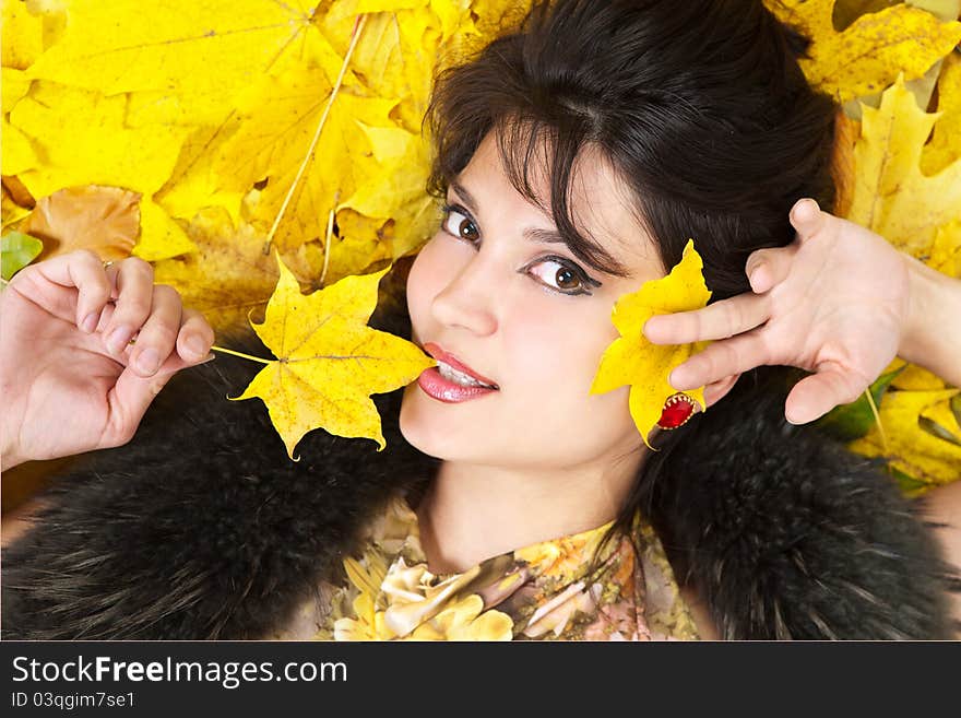 Portrait woman in fur collar. Portrait woman in fur collar.