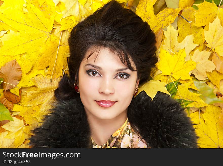 Portrait woman in fur collar. Portrait woman in fur collar.