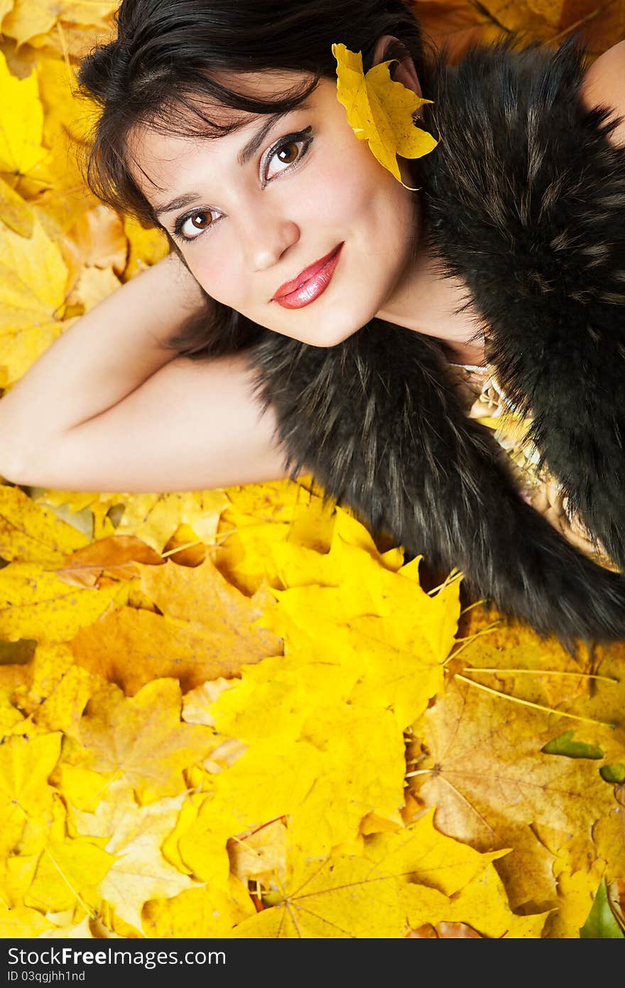 Portrait woman in fur collar. Portrait woman in fur collar.