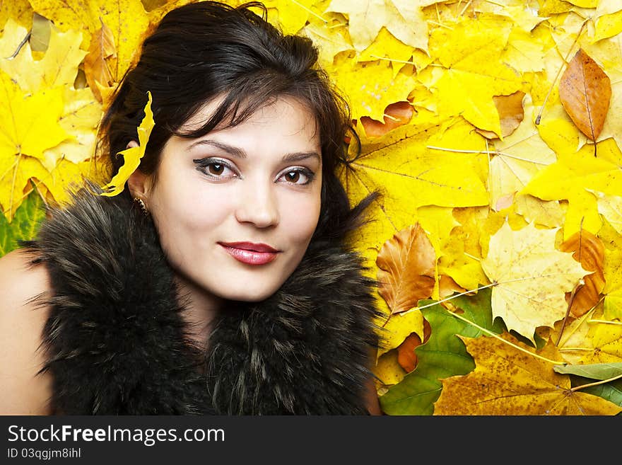 Portrait woman in fur collar. Portrait woman in fur collar.