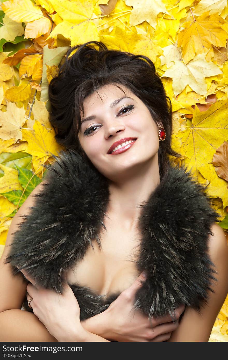 Portrait woman in fur collar. Portrait woman in fur collar.