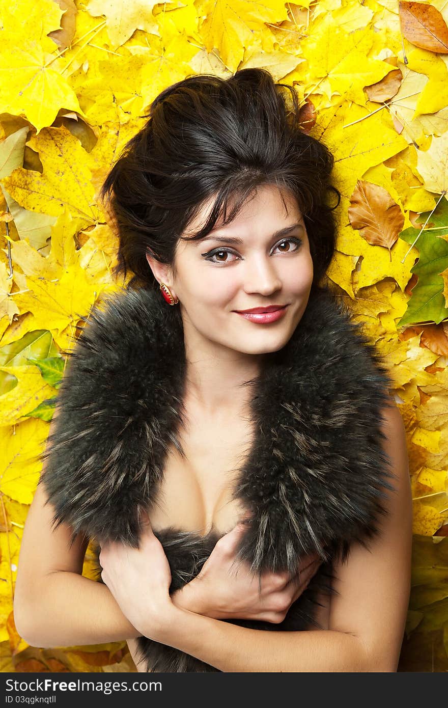 Portrait woman in fur collar. Portrait woman in fur collar.