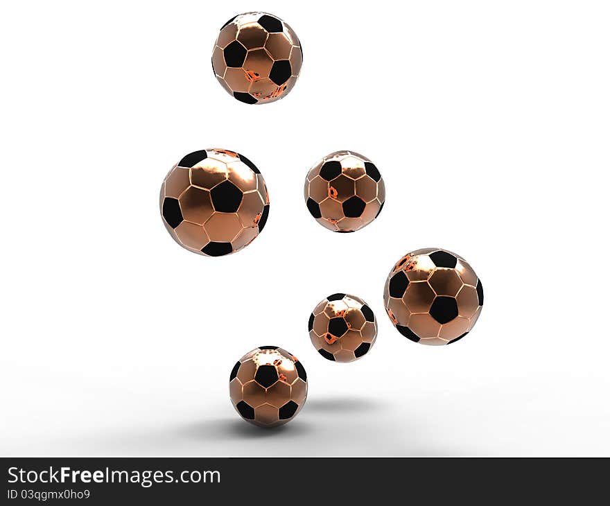 3d illustration of several gold footballs being bounced on a white background