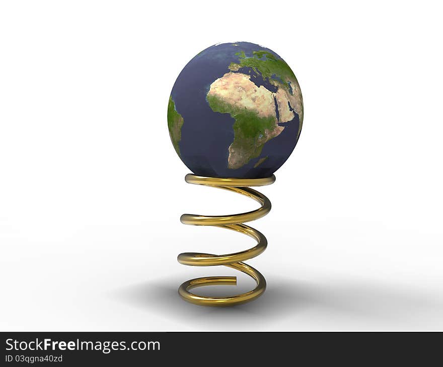 3d illustration of planet earth in the process of bouncing on a spring gold. 3d illustration of planet earth in the process of bouncing on a spring gold