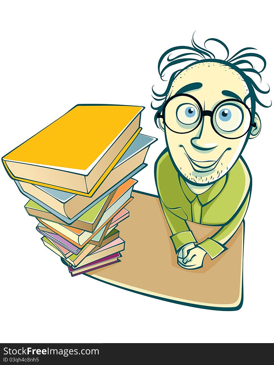 Student with glasses at the table with books