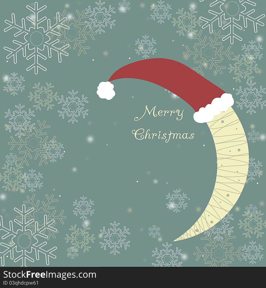 Christmas night background with the moon wearing a hat. Christmas night background with the moon wearing a hat