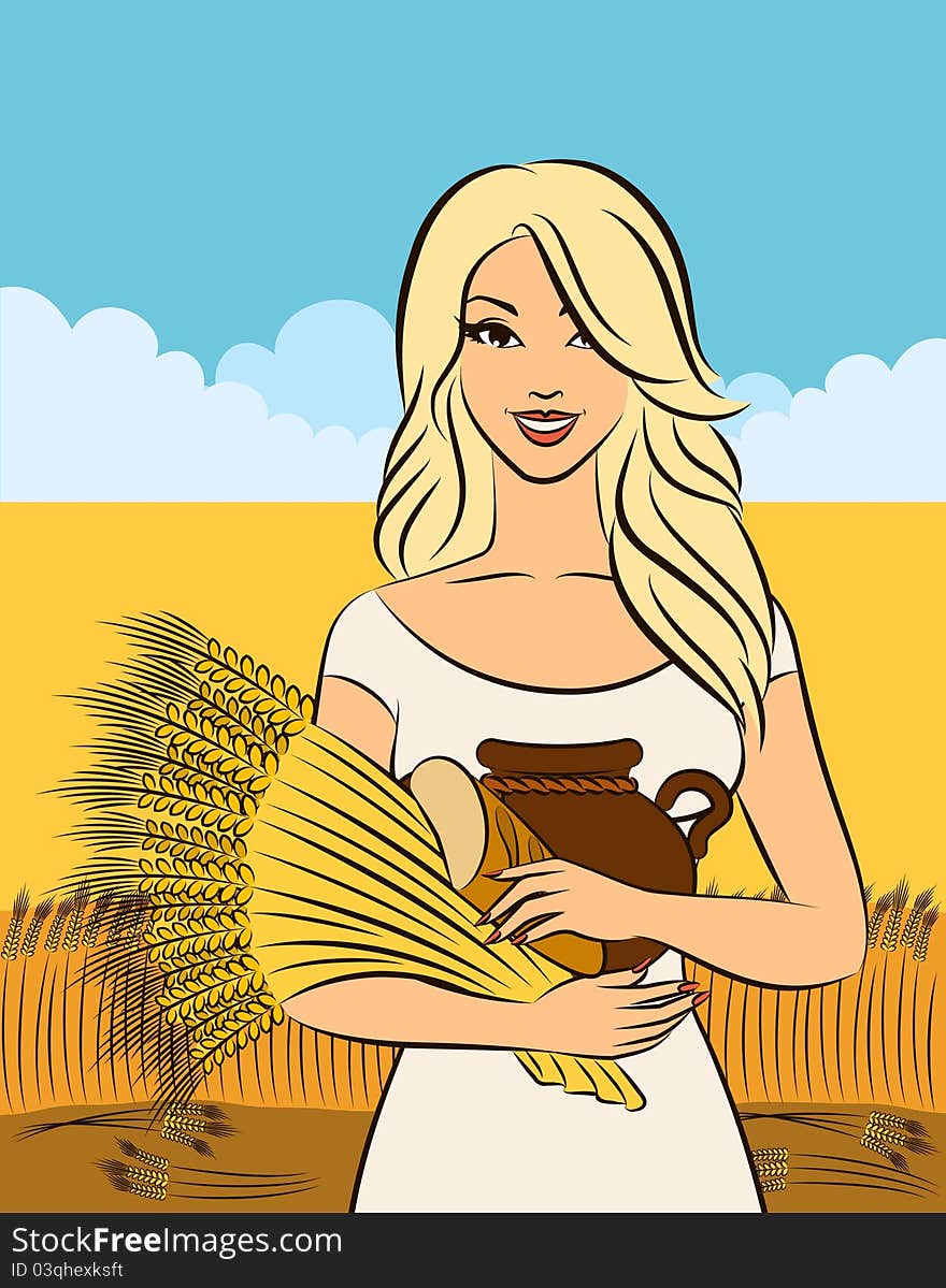 Beautiful girl with sheaf of wheat.