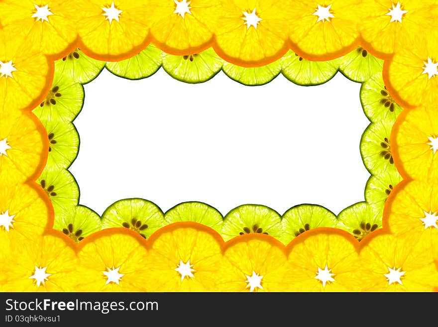 Beautiful border frame of shining sliced orange and lime. Beautiful border frame of shining sliced orange and lime