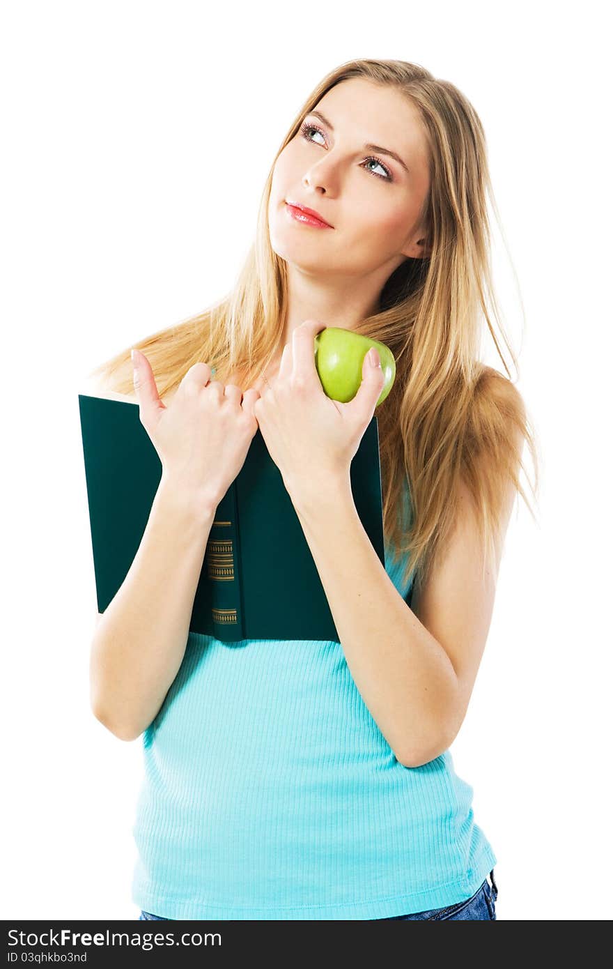 Lovely girl with book and apple, white background