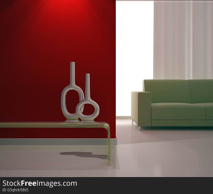 3d Interior whit wall table window and pots. 3d Interior whit wall table window and pots