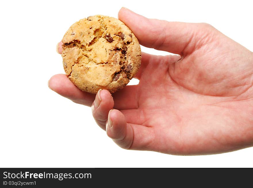 Closeup of a hand holding a chocolate chip cookie isolated against white. Closeup of a hand holding a chocolate chip cookie isolated against white