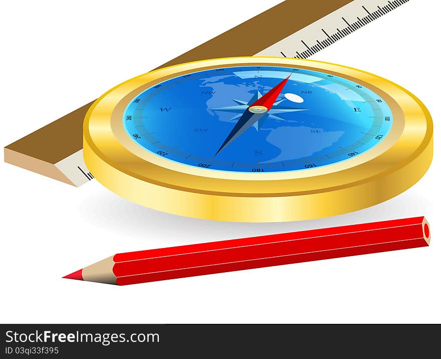 Compass and red pencil on a white background