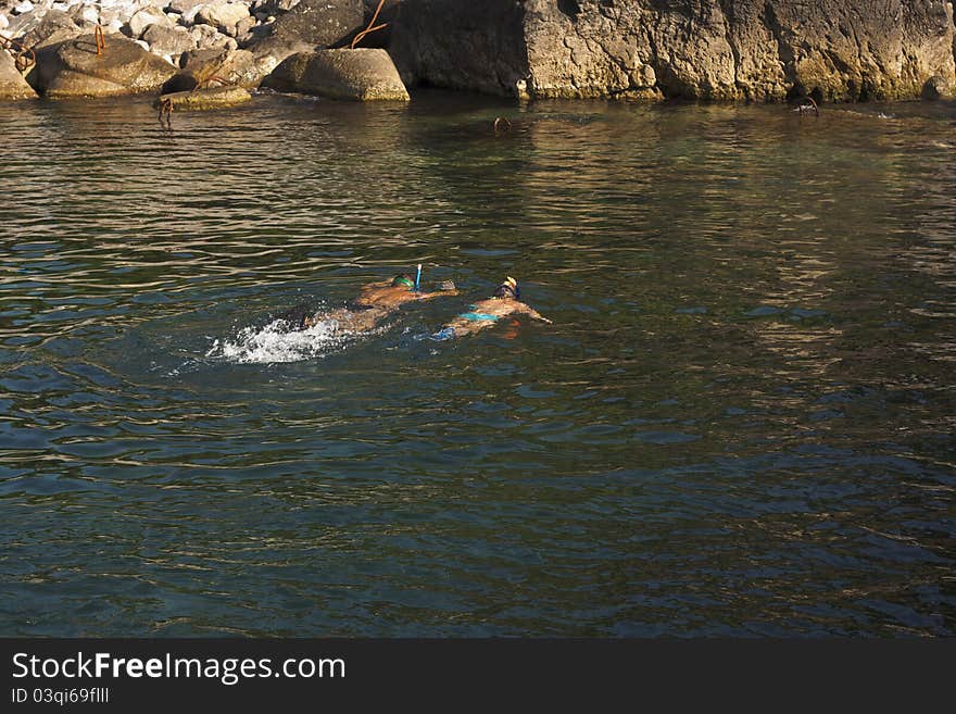 Snorkellers swim in the coastal rocks and stones