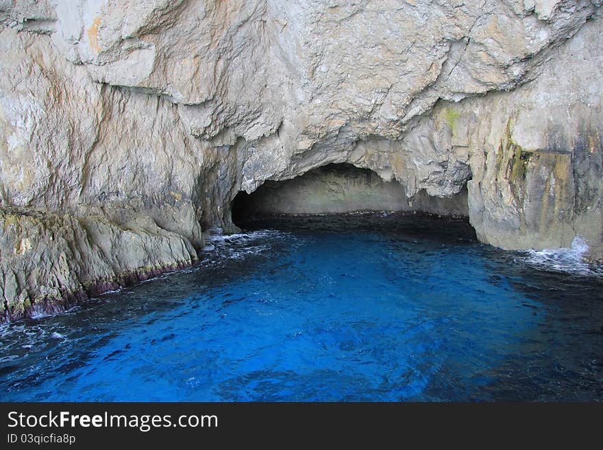 The blue caves of Zakynthos is a popular tourist destination. In the caves, the water is reflected in various blue tones.