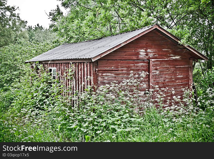 Old red garage overgrown with weeds