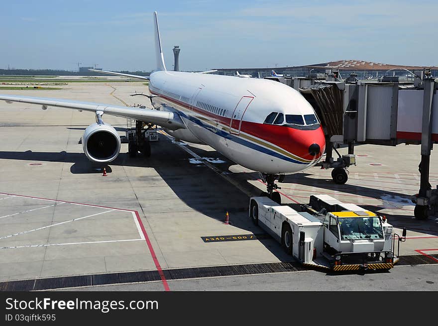 Airplane after landing near a gate