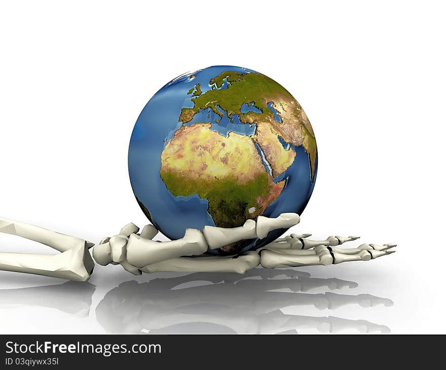 The earth in a skeleton hand. The earth in a skeleton hand