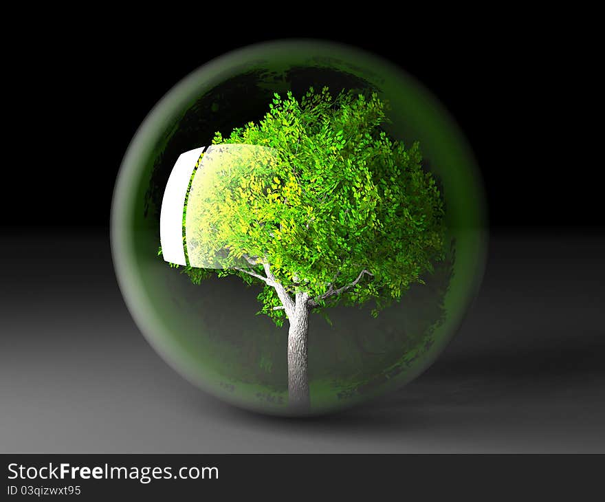 A green tree in a transparent bubble. A green tree in a transparent bubble