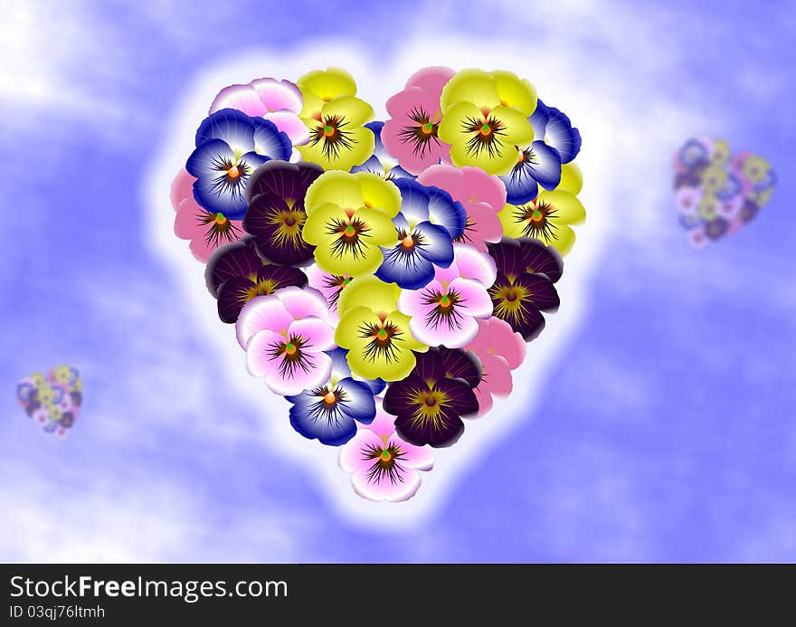 Pansy flowers forming shape of a heart on a blue sky background. Pansy flowers forming shape of a heart on a blue sky background