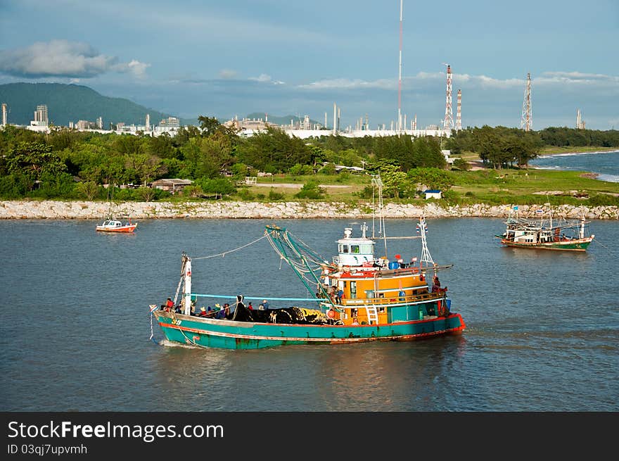 Fishing boat and petrochemical zone in Thailand. Fishing boat and petrochemical zone in Thailand