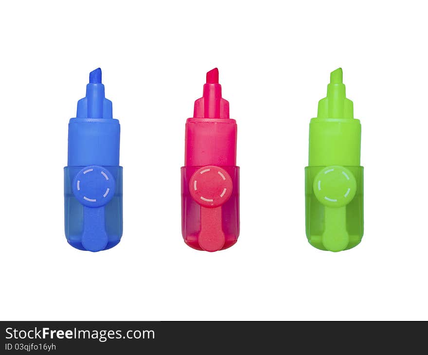 Three highlighter markers on isolated white Background