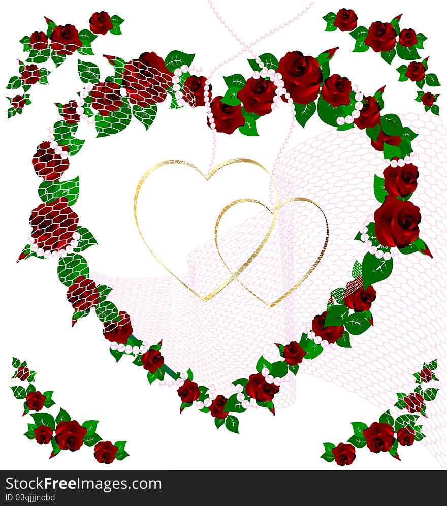 On an abstract white background heart, woven from the roses in the center of two golden hearts. On an abstract white background heart, woven from the roses in the center of two golden hearts