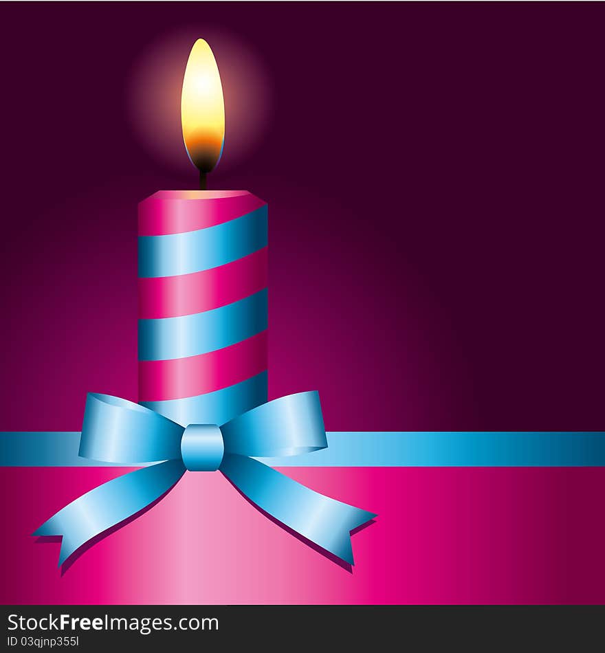 Pink candle with blue ribbon on black background