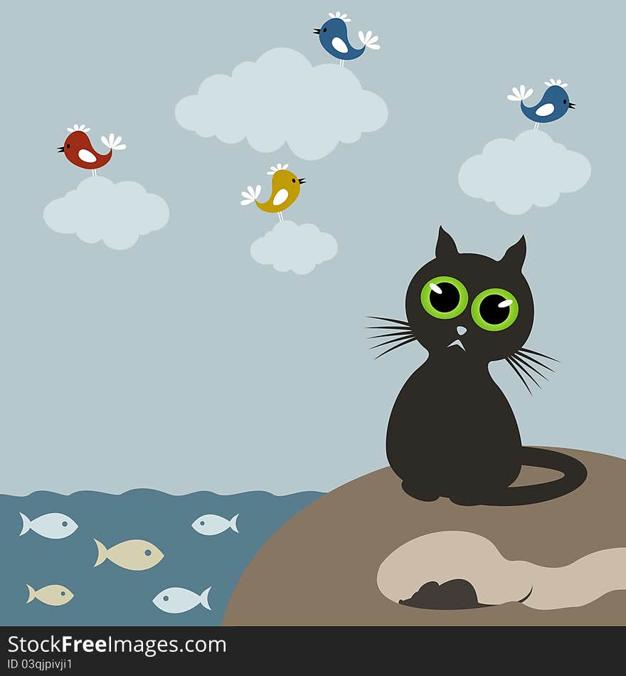 Cat on the nature fish and a bird. A vector illustration