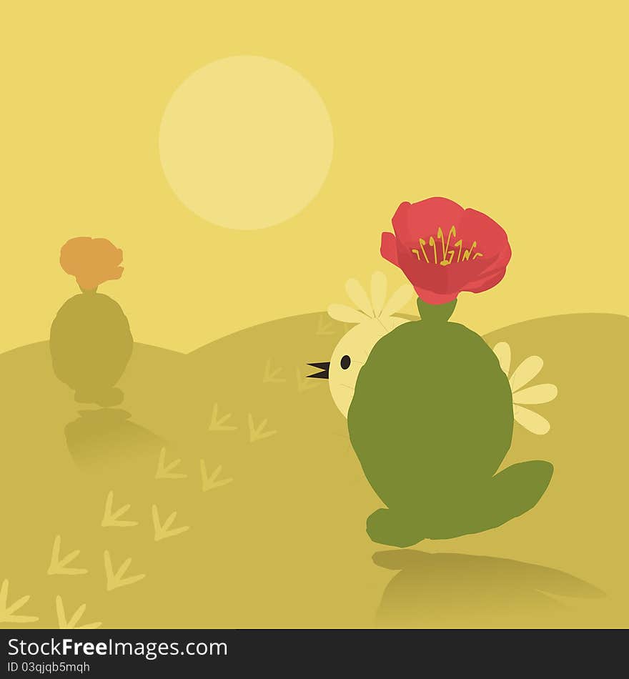 The bird in desert hides behind a cactus. A vector illustration