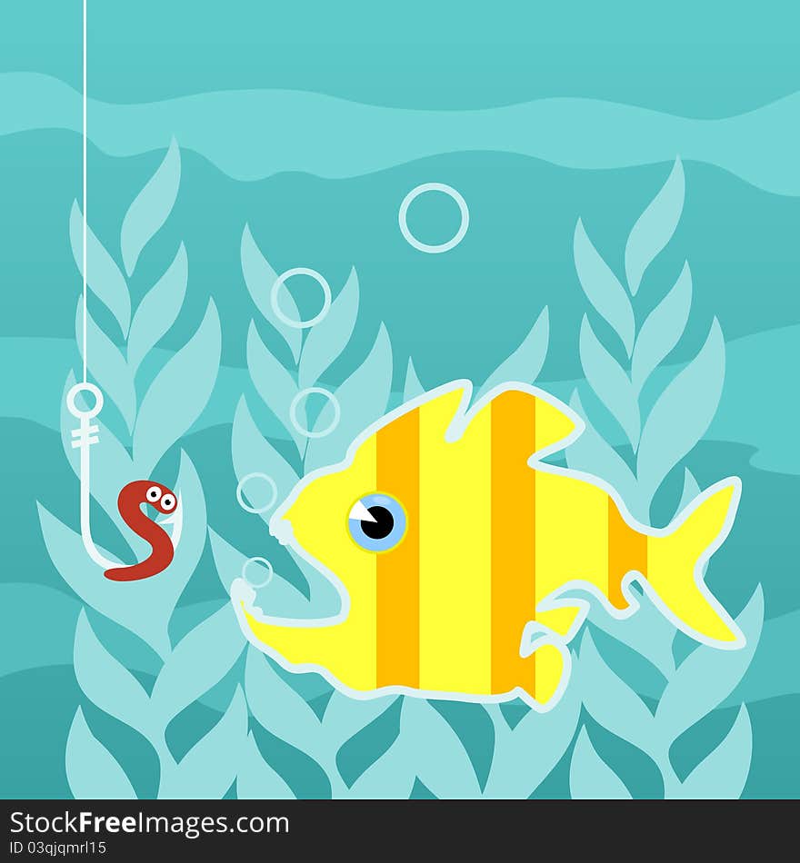 Predatory fish wishes to swallow a worm on a hook. A vector illustration