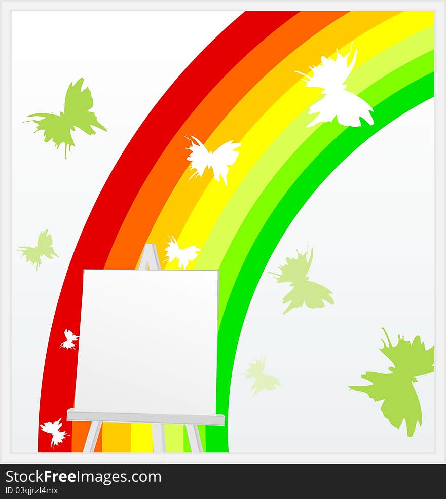 Easel against a rainbow and butterflies. A vector illustration. Easel against a rainbow and butterflies. A vector illustration