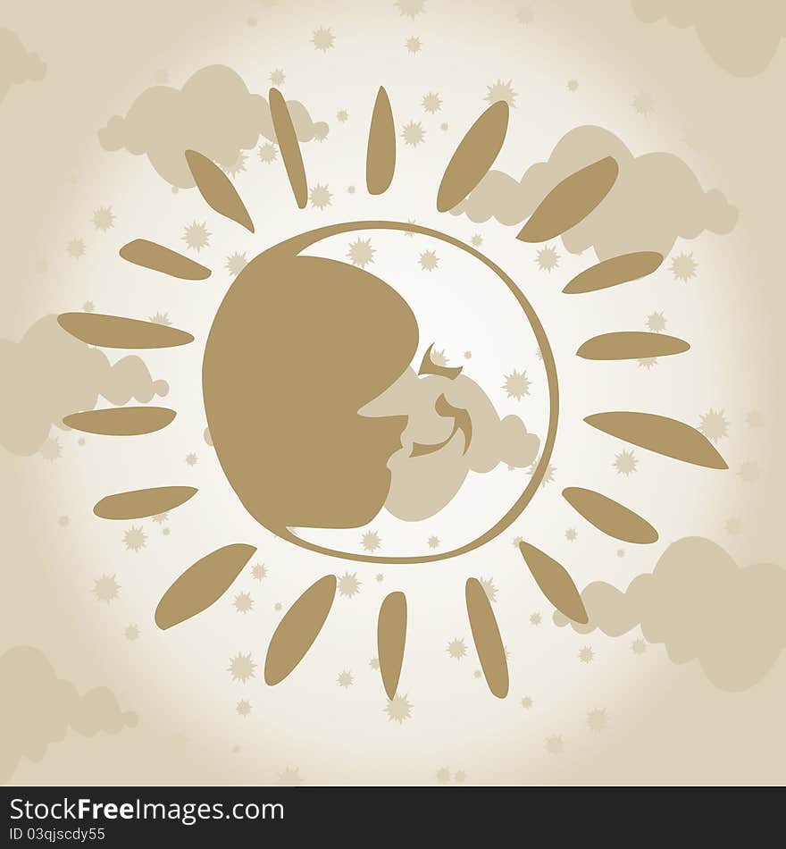 The sun and the moon against the sky and stars. A vector illustration. The sun and the moon against the sky and stars. A vector illustration