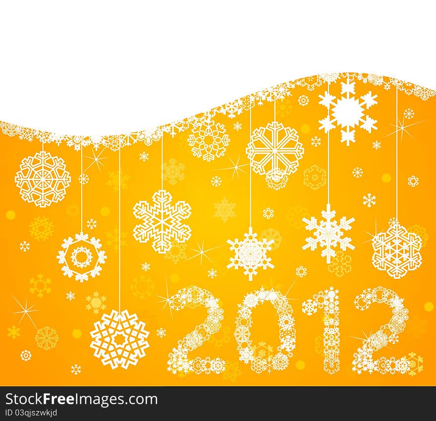 White snowflakes on a yellow background. A vector illustration. White snowflakes on a yellow background. A vector illustration