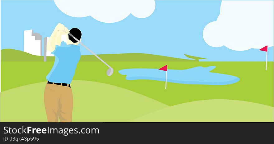 A man hit the ball when he is playing golf. A man hit the ball when he is playing golf