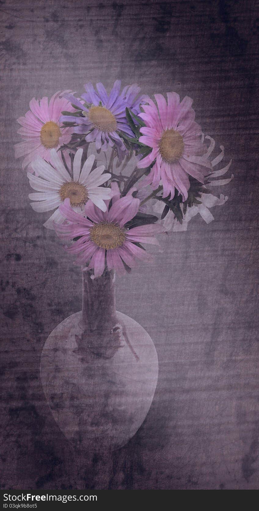 Beautiful bouquet of asters in vase. Grunge styled.