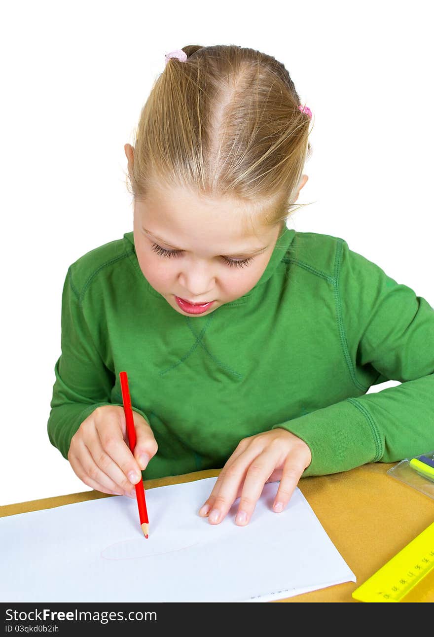 Child draw with colorful pencils, isolated over white