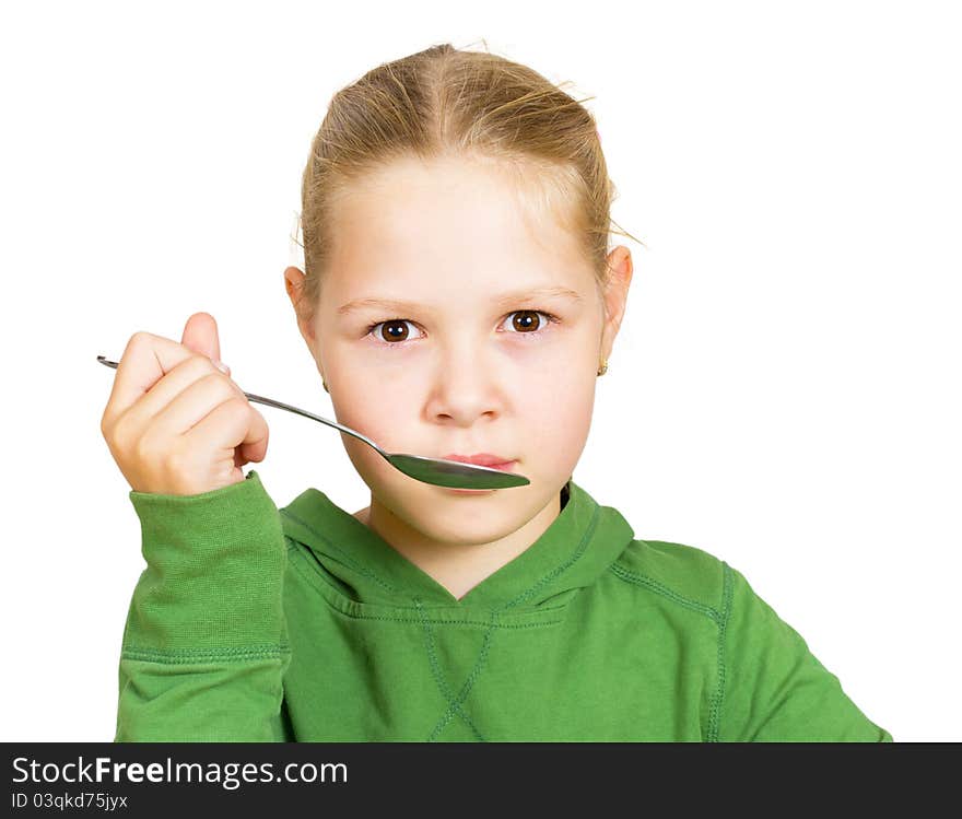 Girl eats isolated on white