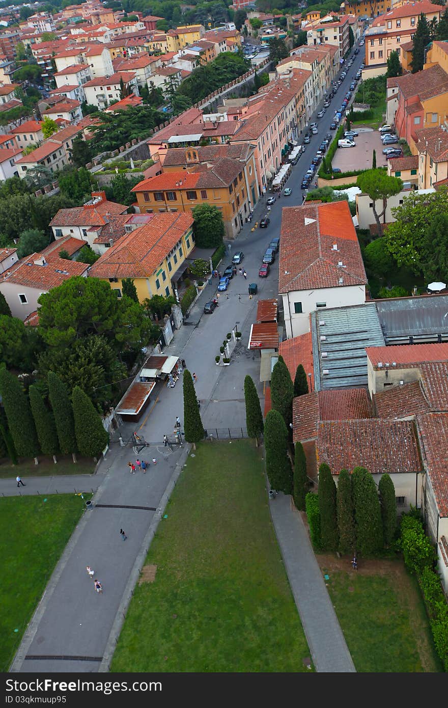 European city with red roof tiles, bird view