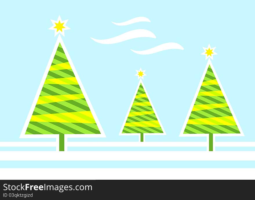 Christmas landscape with three trees