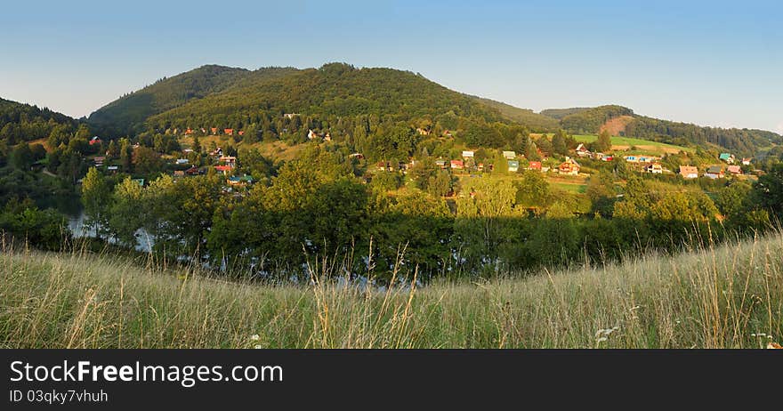 Mountains with green forest landscape.