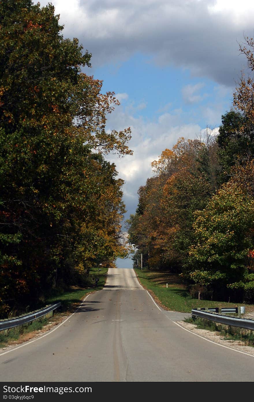 Autumn leaves on trees next to a hilly road. Autumn leaves on trees next to a hilly road