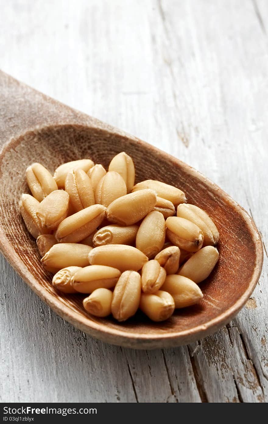 Sweet dry wheat on a wood spoon